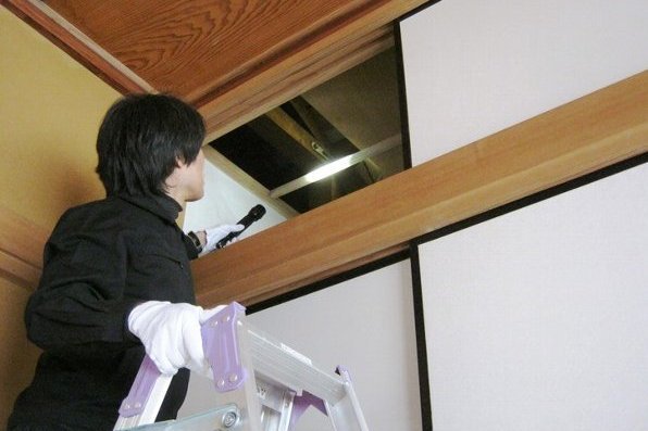屋根裏をライトで確認
